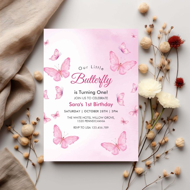 Invitation Pink Premier Anniversaire Fête des papillons (Créateur téléchargé)