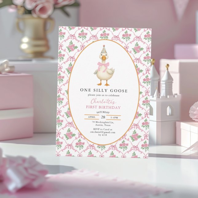 Invitation Pink Preppy One Silly Goose Bow 1st Birthday (Créateur téléchargé)