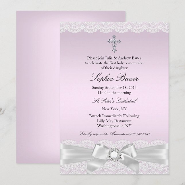 Invitation Pink Pretty Bow & Cross Holy Communion (Devant / Derrière)
