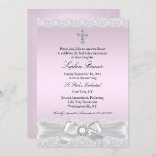 Invitation Pink Pretty Bow & Cross Holy Communion