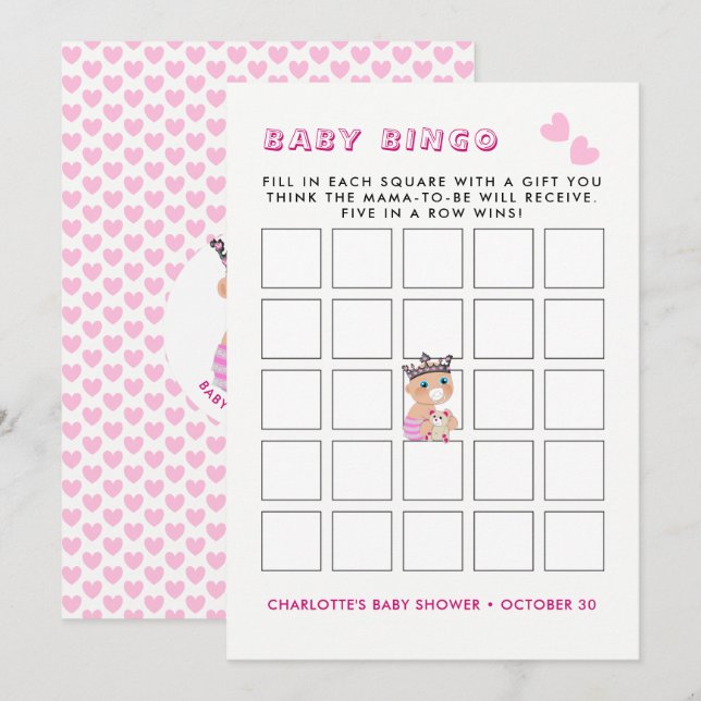Invitation Pink Princess Baby shower Bingo Jeu (Devant / Derrière)