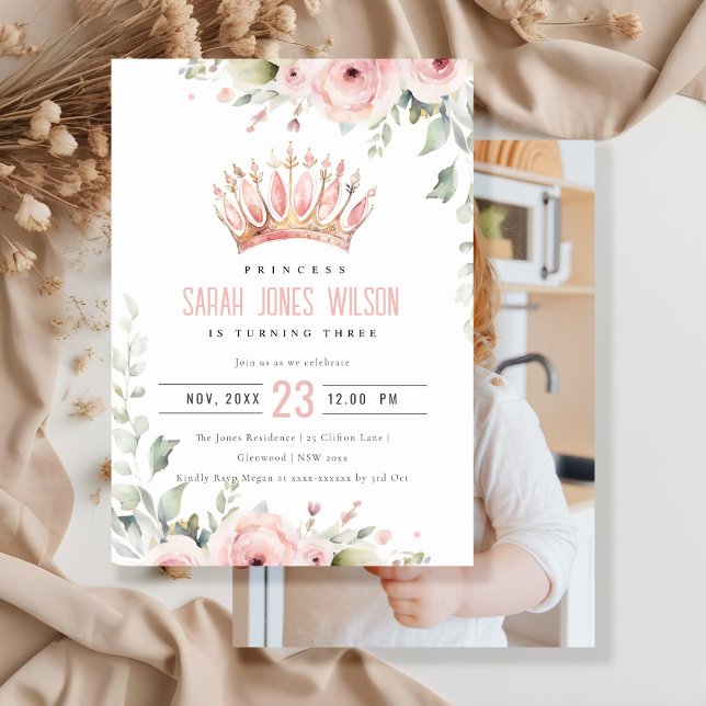 Invitation Pink Princess Crown Tiara Floral Photo Anniversair (Créateur téléchargé)