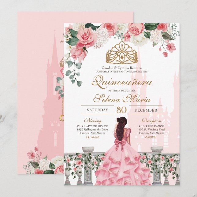 Invitation Pink Princess Fairytale Quinceañera avec Rose (Devant / Derrière)