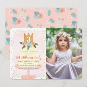 Invitation Pink Princess Floral Cake Girl Photo Anniversaire