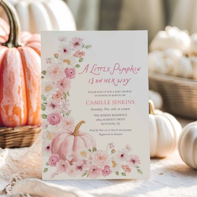 Invitation Pink Pumpkin Floral Girl Baby Shower (Pink Pumpkin Fall baby shower invitation)