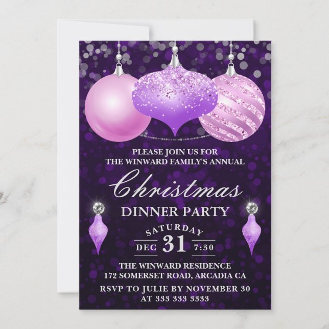 Invitation Pink & Purple Baubles Soirée de Noël (Devant)