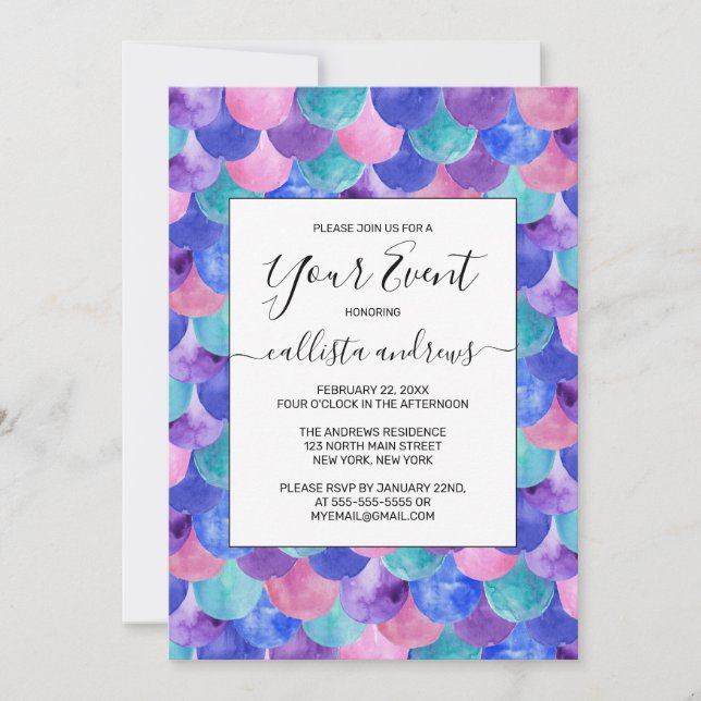 Invitation Pink Purple Blue Aquarelle Turquoise Étales de sir (Devant)