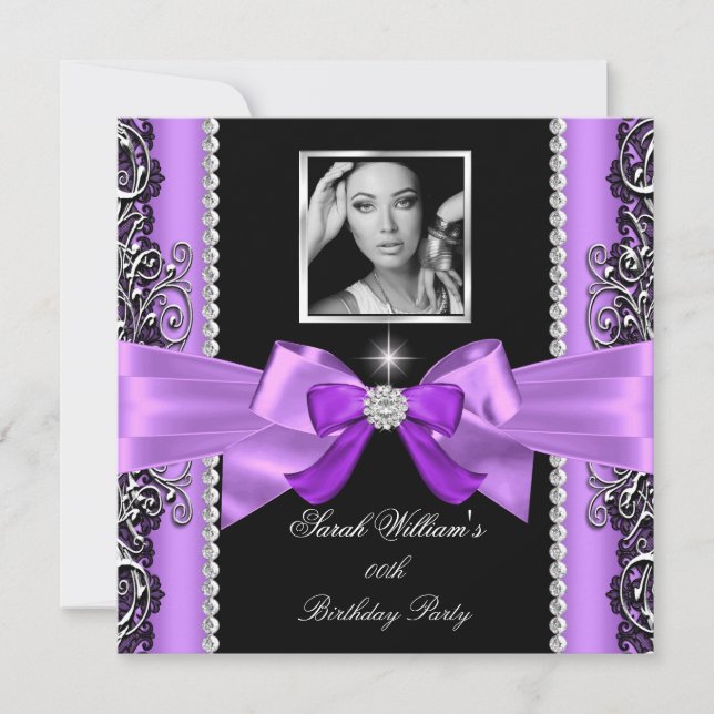 Invitation Pink Purple Bow fête d'anniversaire Black Silver P (Devant)