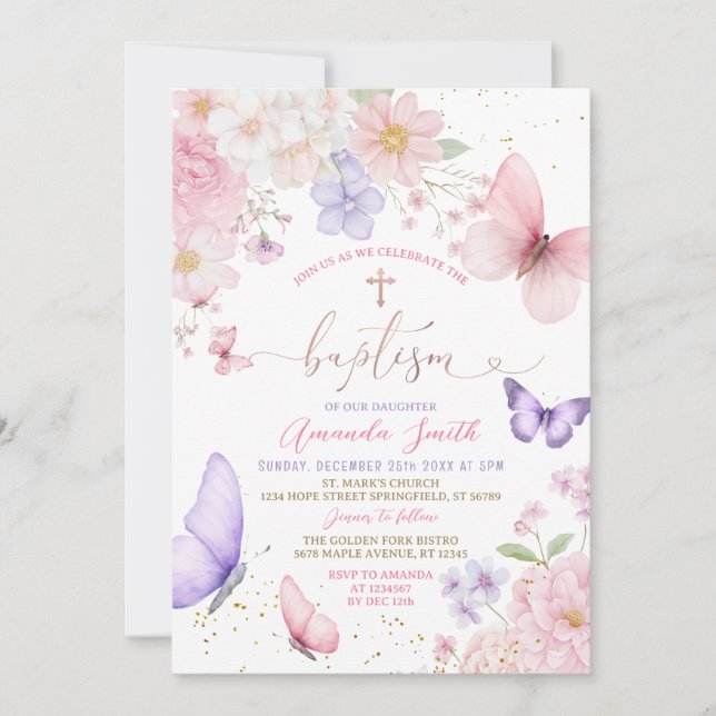 Invitation Pink & Purple Butterflies Girl Watercolor Baptism (Devant)