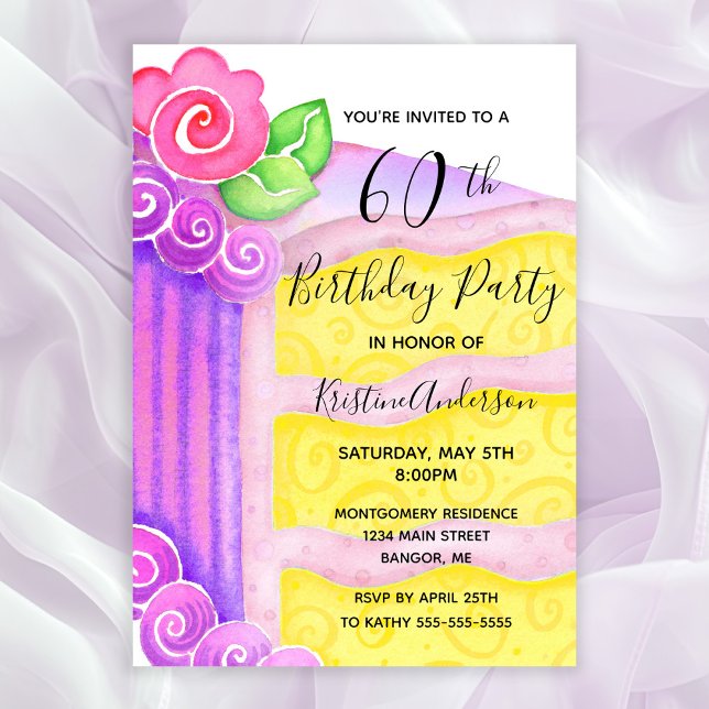 Invitation Pink Purple Cake Floral 60e fête d'anniversaire (60th Birthday Party Invitation for women with a piece of cake decorated with pink frosting and roses)