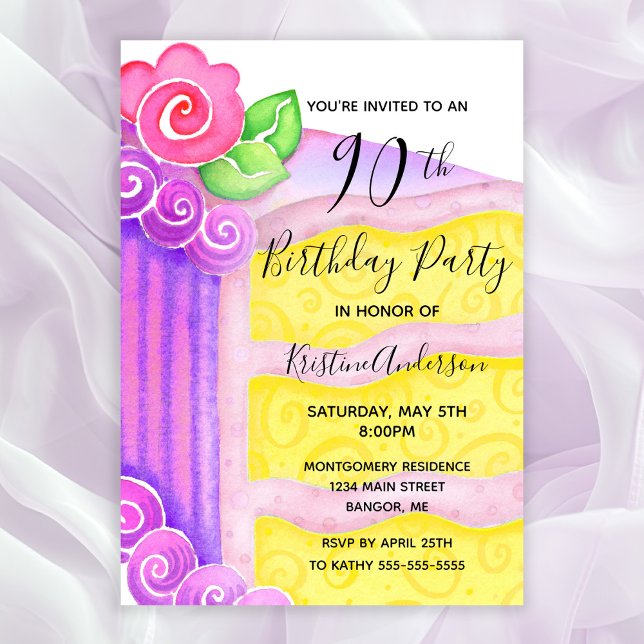 Invitation Pink Purple Cake Floral 90e fête d'anniversaire (90th Birthday Party Invitation with a piece of cake decorated with pink roses and frosting)