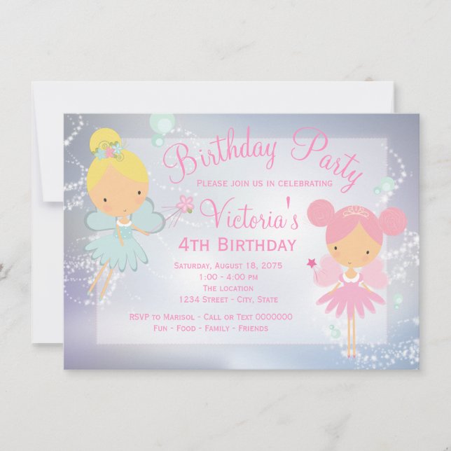 Invitation Pink Purple Fairy Princesse Fille fête d'anniversa (Devant)