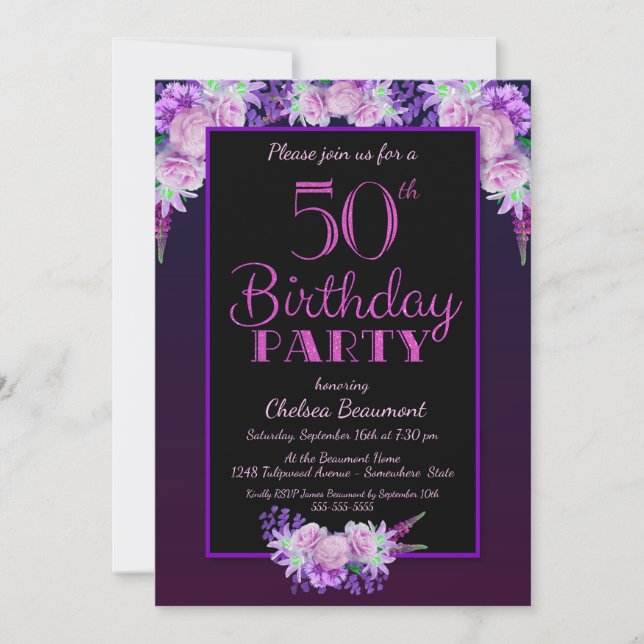 Invitation Pink Purple Floral 50e fête d'anniversaire (Devant)