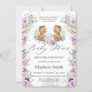 Invitation Pink Purple Floral Ours Tea Twins Baby shower