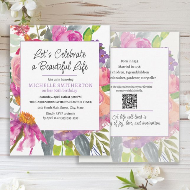 Invitation Pink Purple Floral QR Code 90e anniversaire (Pink and purple watercolor floral 2-sided QR code 90th birthday party invitation)