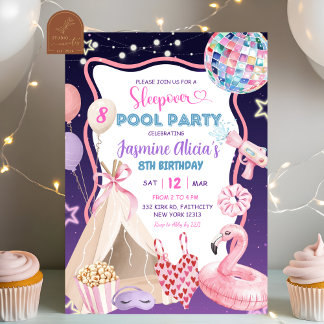 Invitation Pink Purple Girl Sleepover Pool Party Anniversaire