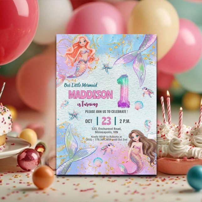 Invitation Pink Purple Glitter Mermaids 1st Birthday Party (Créateur téléchargé)