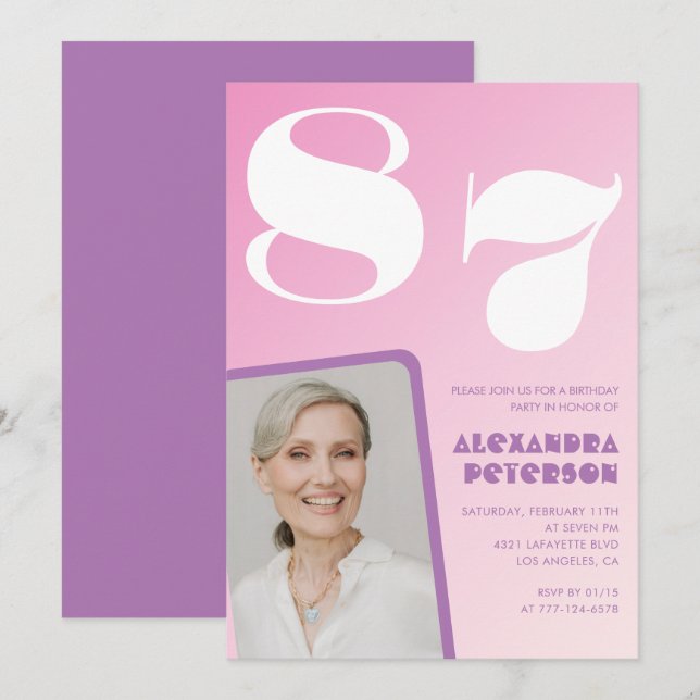 Invitation Pink Purple Gradient Photo 87e anniversaire (Devant / Derrière)