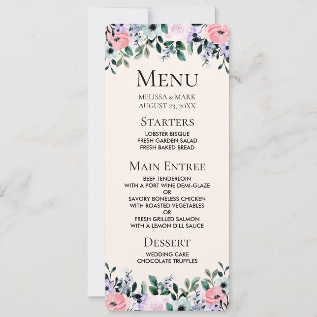 Invitation Pink Purple & Green Floral Aquarelle Menu Mariage (Devant)