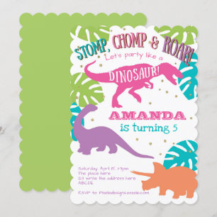 Invitation Pink, Purple, Green, Girl, Dinosaur Anniversaire