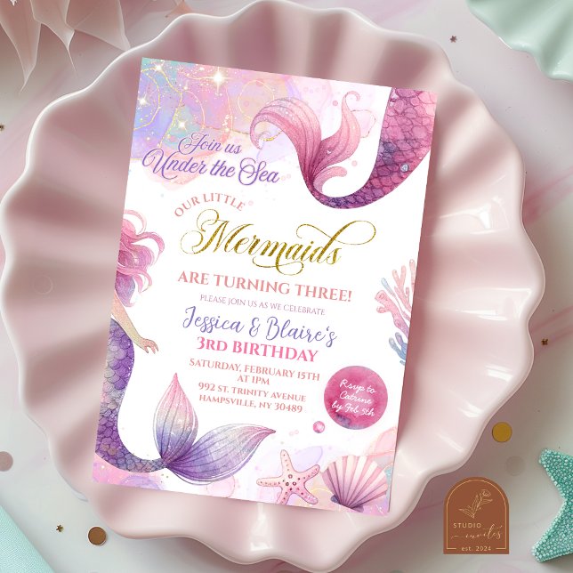 Invitation Pink Purple Little Two Mermaids Twins Anniversaire (Créateur téléchargé)