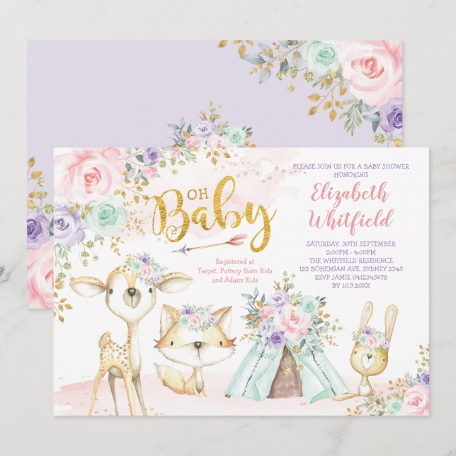 Invitation Pink Purple Mint Baby shower forestier tribal de l (Devant / Derrière)