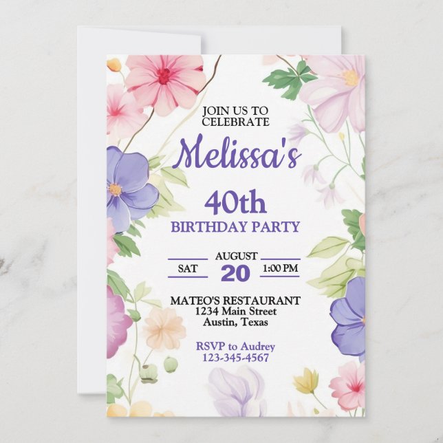 Invitation Pink & Purple Pastel Fleurs sauvages N'Importe Que (Devant)