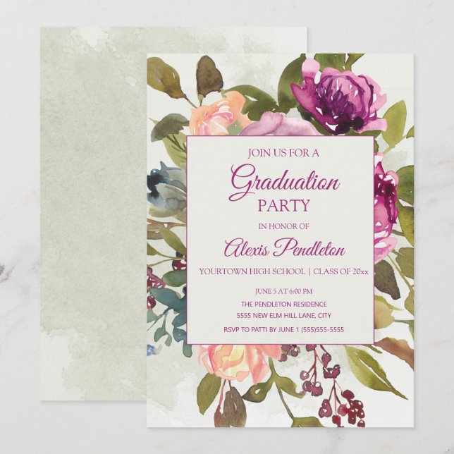 Invitation Pink Purple Sage Green Graduation Party (Devant / Derrière)
