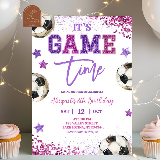 Invitation Pink Purple Sequin Soccer Girl Birthday (Créateur téléchargé)