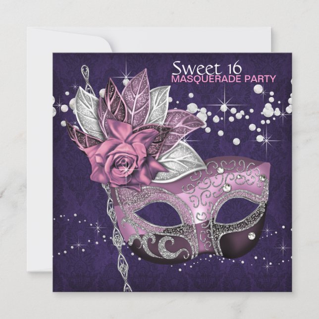 Invitation Pink Purple Sweet 16 Masquerade Party (Devant)