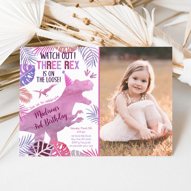 Invitation Pink Purple Trois Rex Girl Dinosaur Anniversaire (Créateur téléchargé)