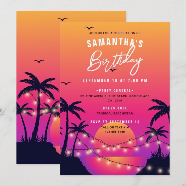 Invitation Pink & Purple Tropical Beach Sunset Anniversaire (Devant / Derrière)