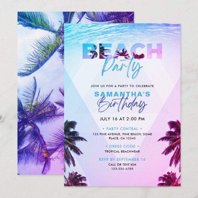 Invitation Pink & Purple Tropical Beach Sunset Anniversaire (Devant / Derrière)