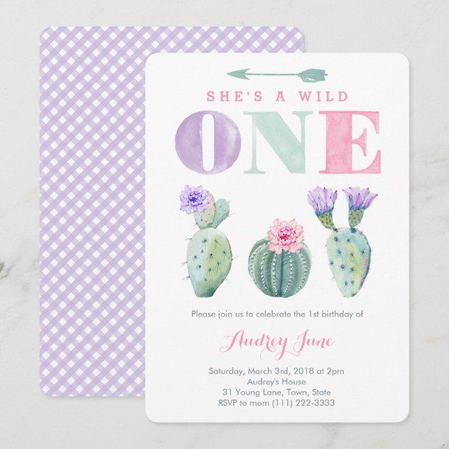 Invitation Pink Purple Wild ONE Girl Fête d'anniversaire (Devant / Derrière)