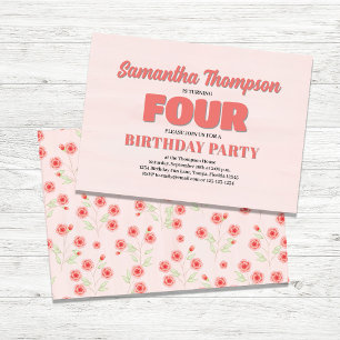 Invitation Pink quatrième anniversaire Fille fête Modèle flor