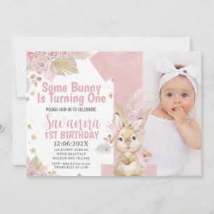 Invitation Pink Quelques Bunny Boho Floral 1er Anniversaire