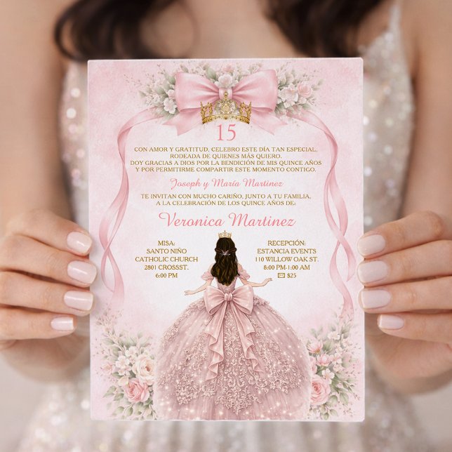 Invitation Pink Quinceañera Blush Bow Floral Sweet (Créateur téléchargé)