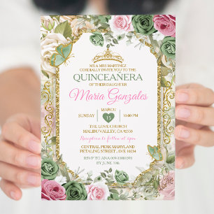 Invitation Pink Quinceañera Sage Green Gold Crown Butterfly