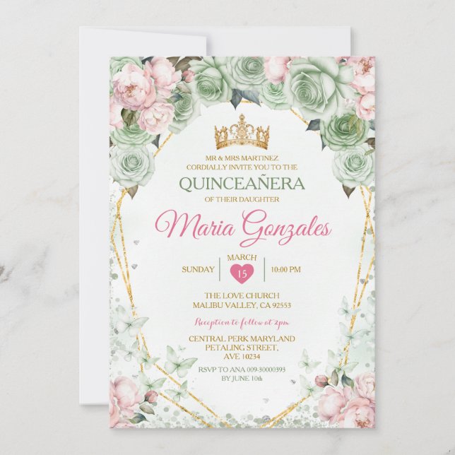Invitation Pink Quinceañera Sage Vert Papillon mexicain mexic (Devant)