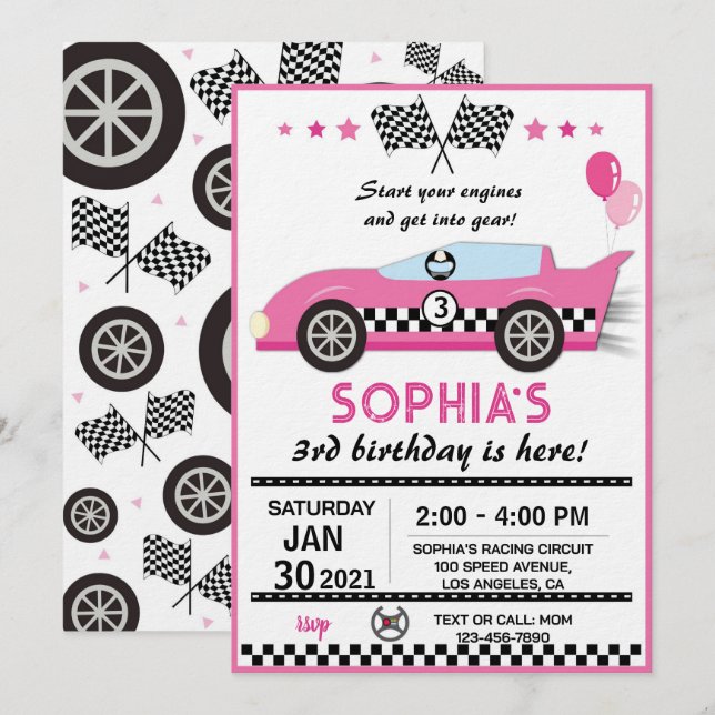 Invitation Pink Race Car Birthday Party (Devant / Derrière)
