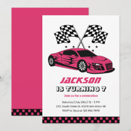 Invitation Pink Race Car Racing Enfants Garçons Anniversaire