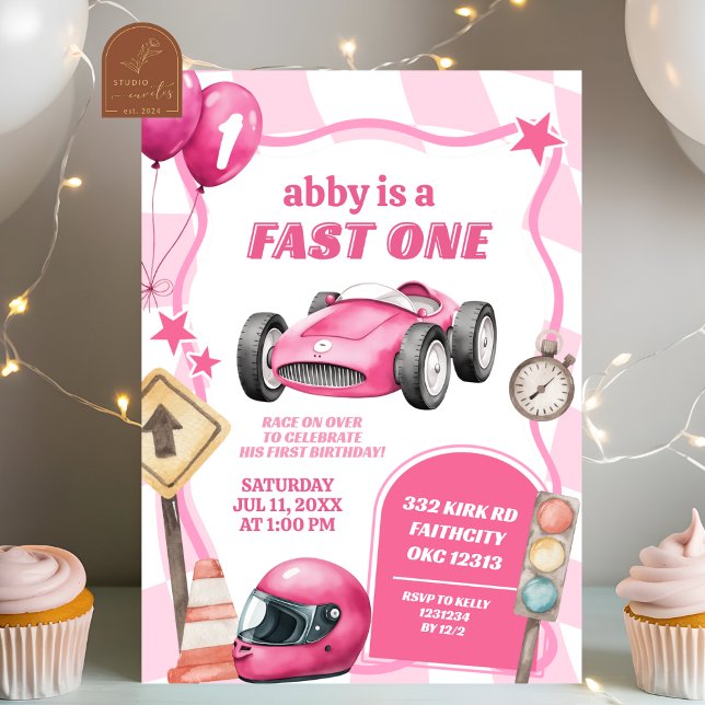 Invitation Pink Racing Car Fast One Girl Premier anniversaire (Créateur téléchargé)