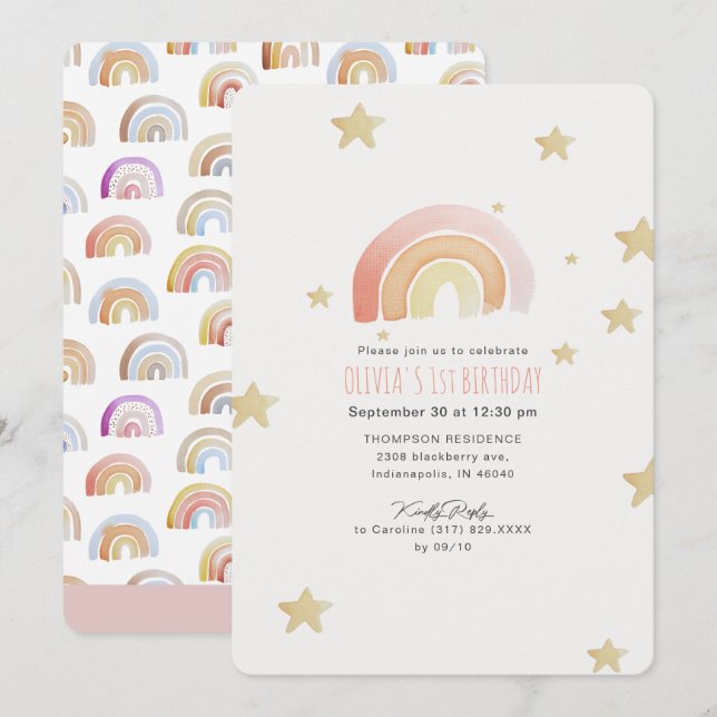 Invitation Pink Rainbow Stars Première fête d'anniversaire (Devant / Derrière)
