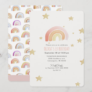Invitation Pink Rainbow Stars Première fête d'anniversaire