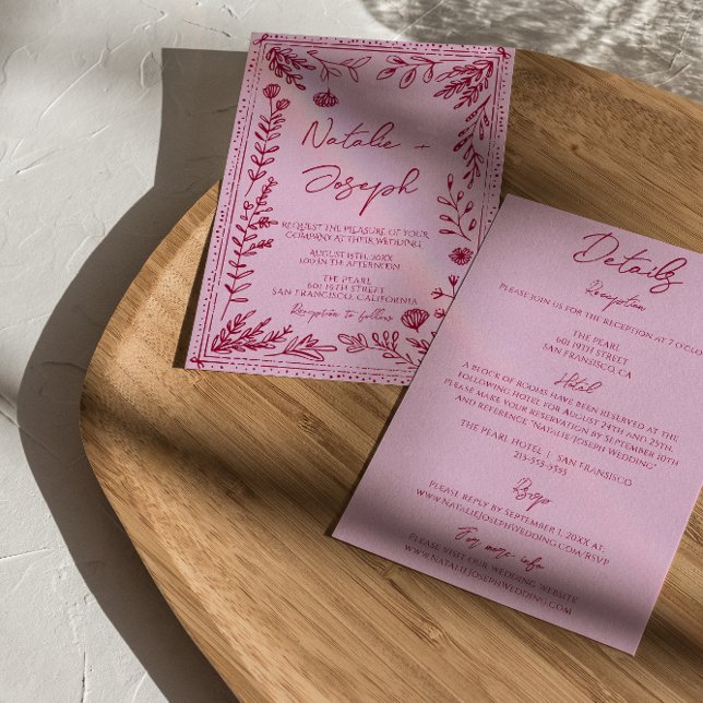 Invitation Pink Raspberry Drawn Floral All In One Wedding (Créateur téléchargé)