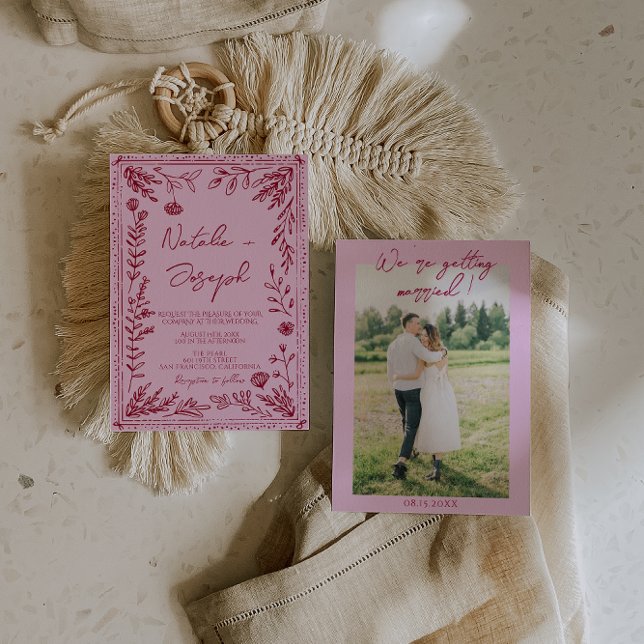 Invitation Pink Raspberry Drawn Floral Garden Photo Wedding   (Créateur téléchargé)