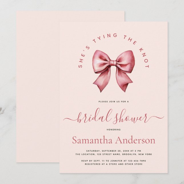 Invitation Pink Red Bow Tying the Knot Bridal Shower (Devant / Derrière)