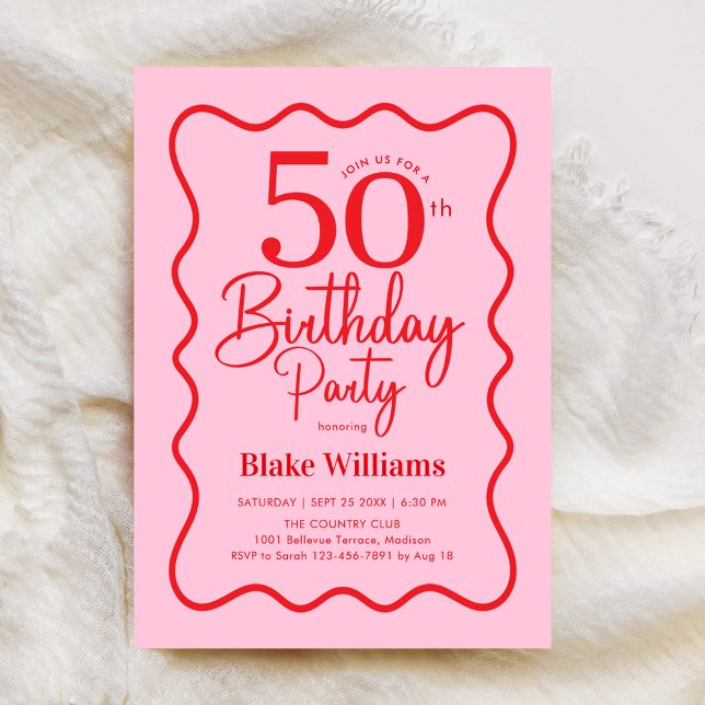 Invitation Pink Red Retro 50th Birthday Wavy Border (Créateur téléchargé)