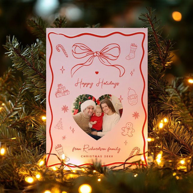 Invitation Pink & Red Retro Bow Photo Happy Holidays Card (Créateur téléchargé)