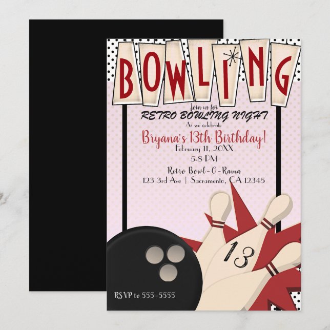 Invitation Pink Red Retro Bowling Bowl Nuit Anniversaire (Devant / Derrière)